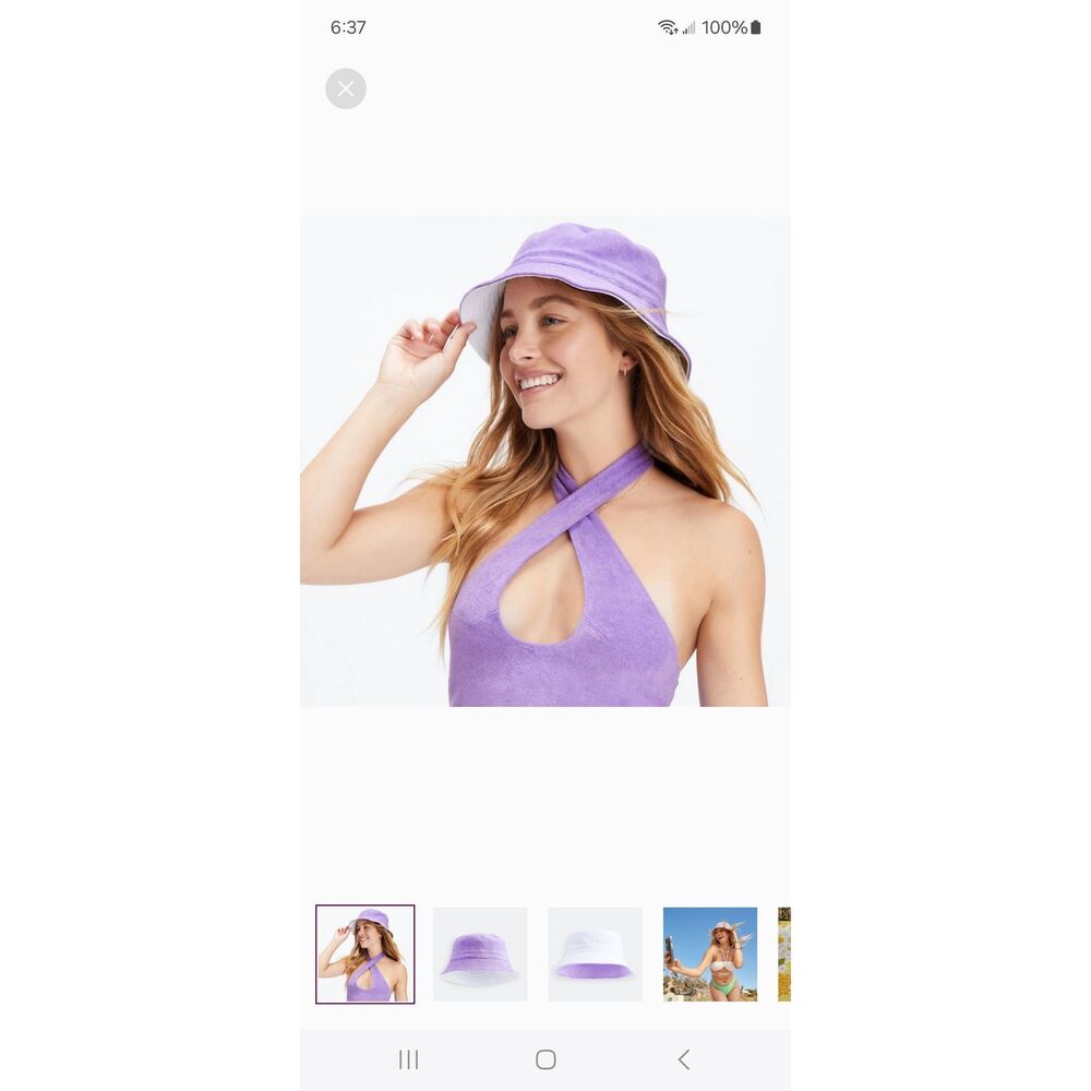 New Fabletics Reversible Terry Bucket Hat Wild Wisteria Bright White Cap
